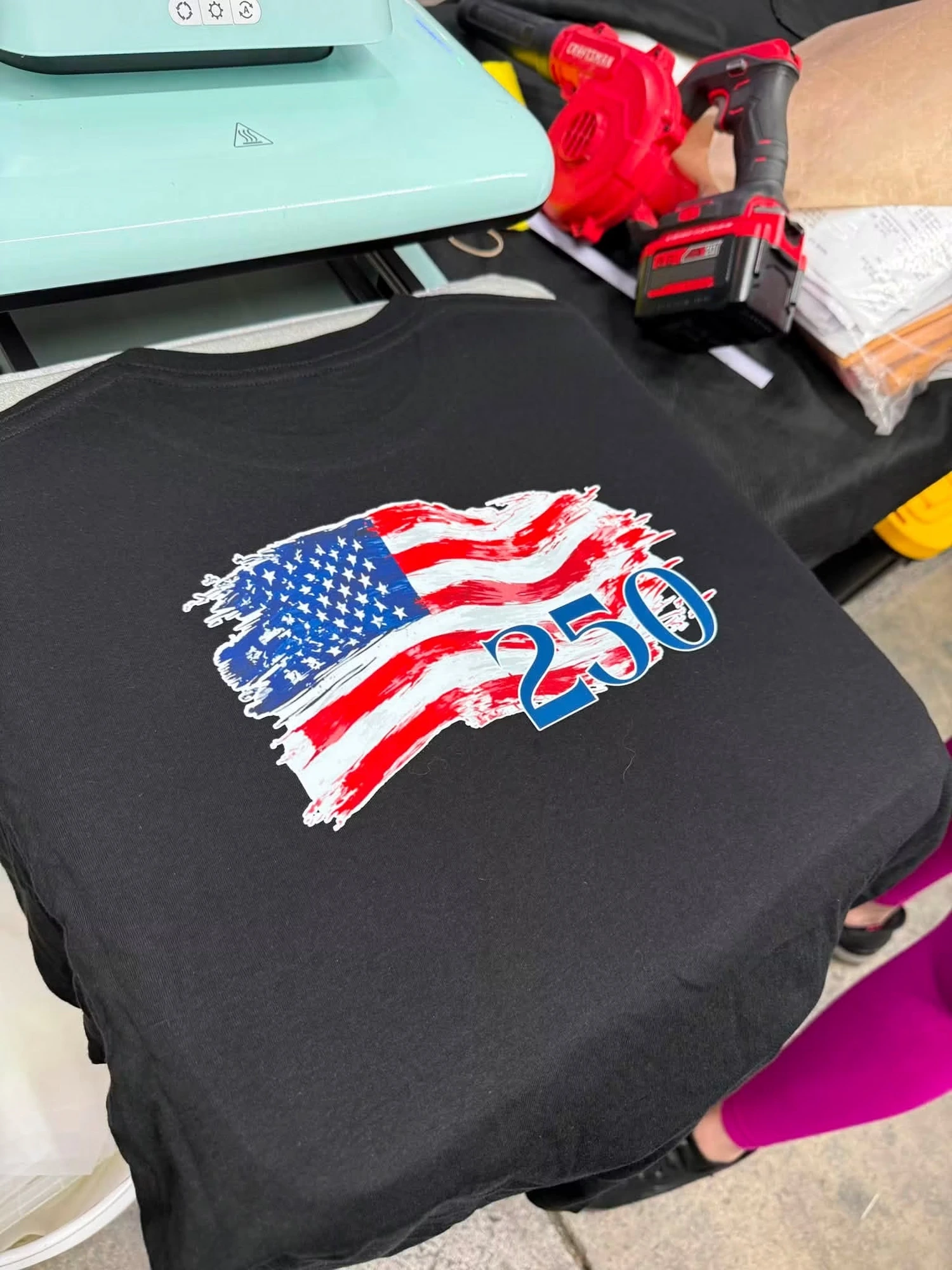 Down To Film Apparel — American flag DTF transfer on a black tee